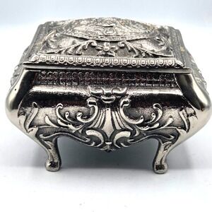 Silver Metal Jewelry Box Trinket Box Square Footed Floral